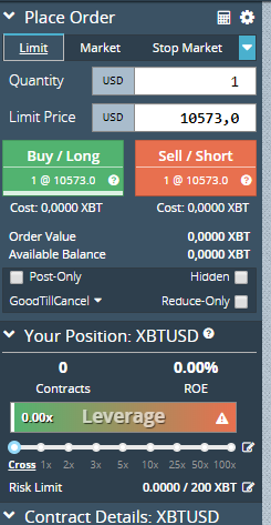 BitMex: "Crear Posición"