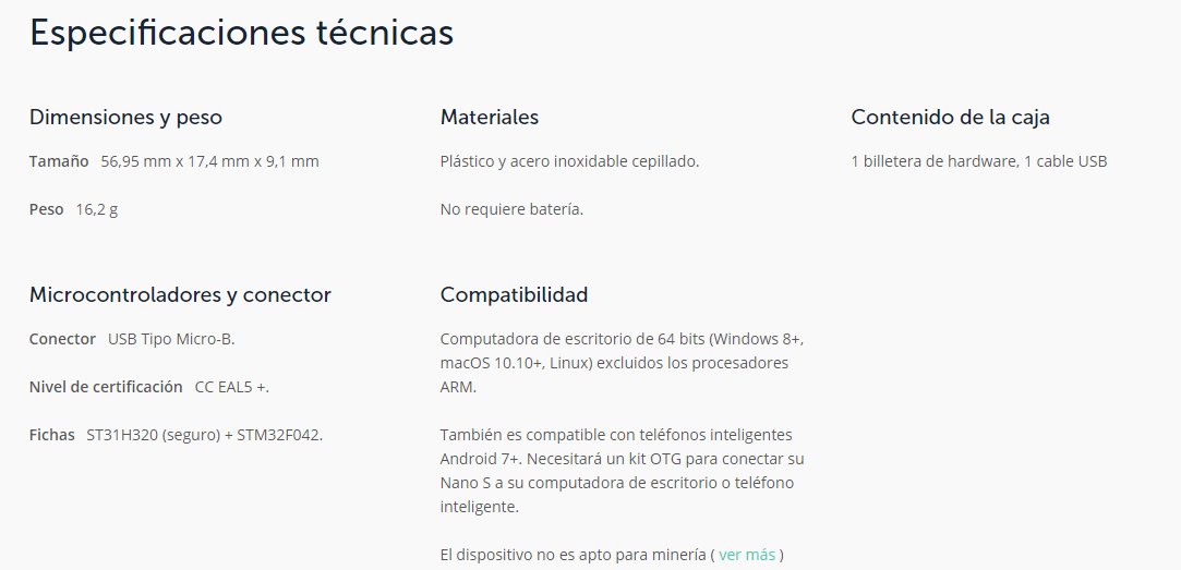 especificaciones técnicas ledger nano s